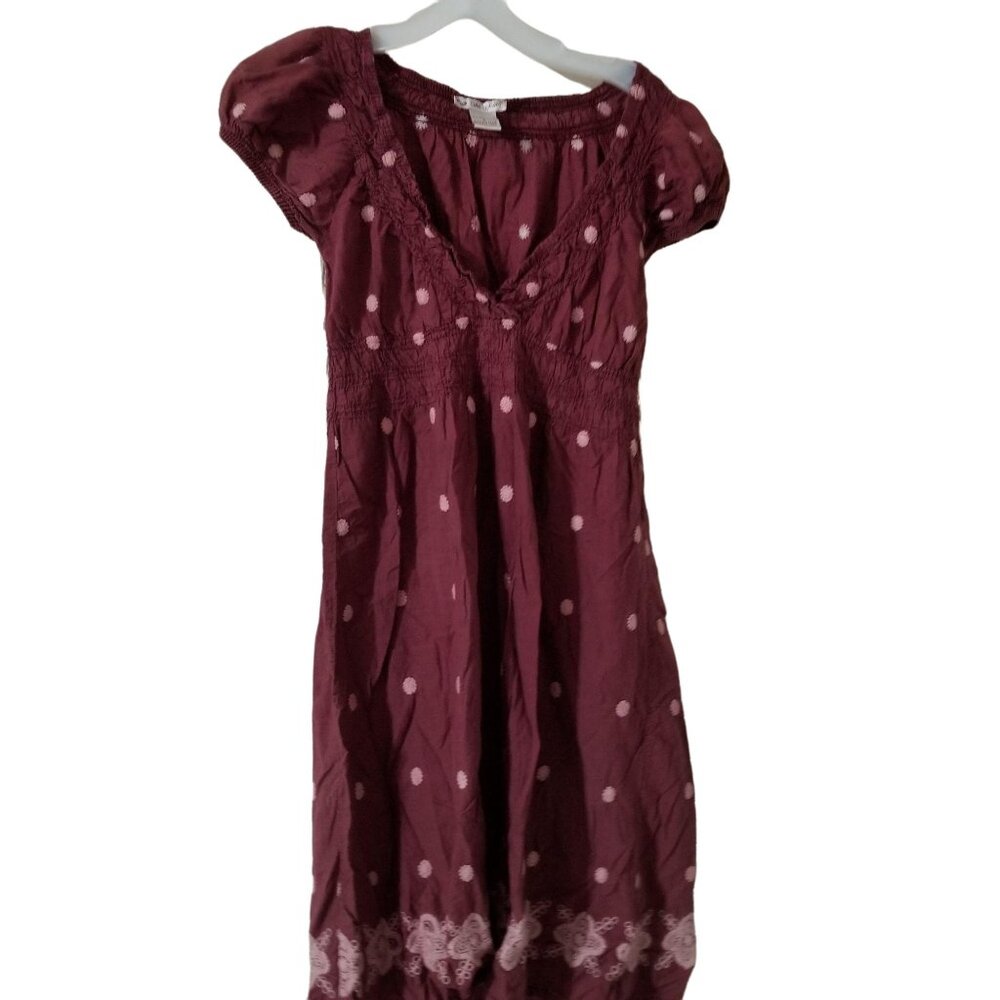 Polka Dot Boho Style Burgundy Short Sleeve Dress S By Cute Options 100% Cotton S